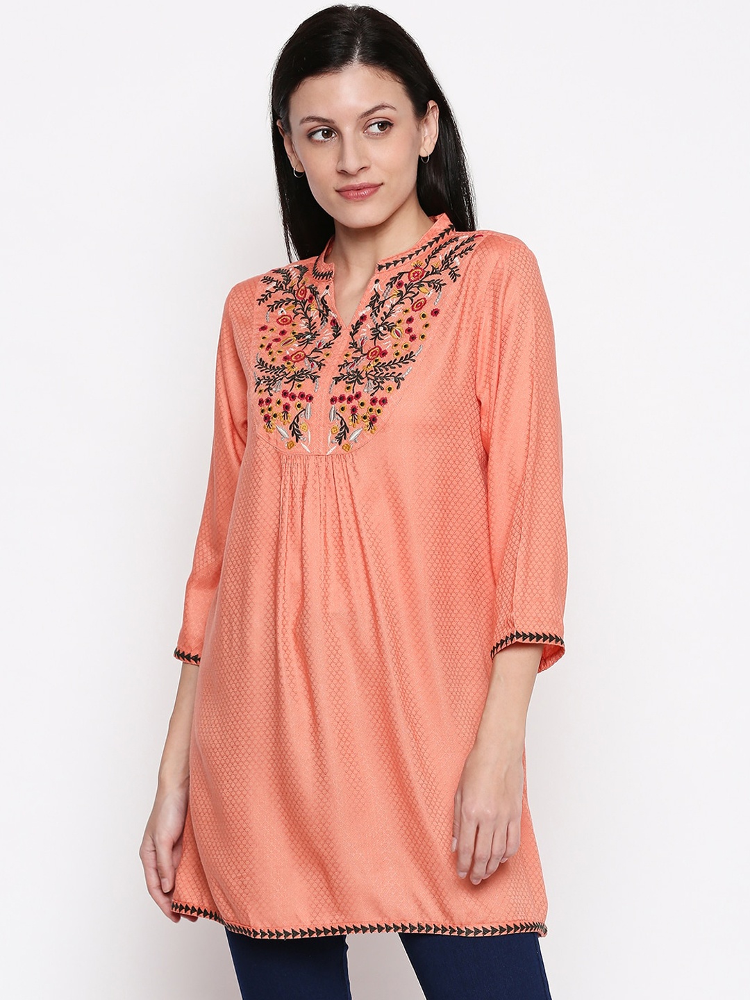 

People Women Peach-Colour & Green Embroidered Tunic