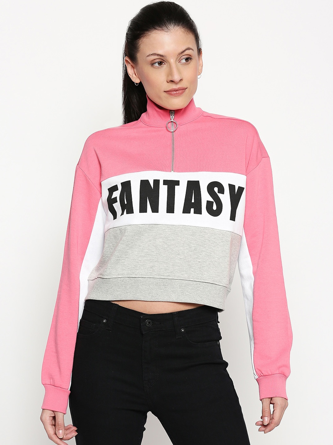 

People Women Pink & White Printed Crop Sweatshirt