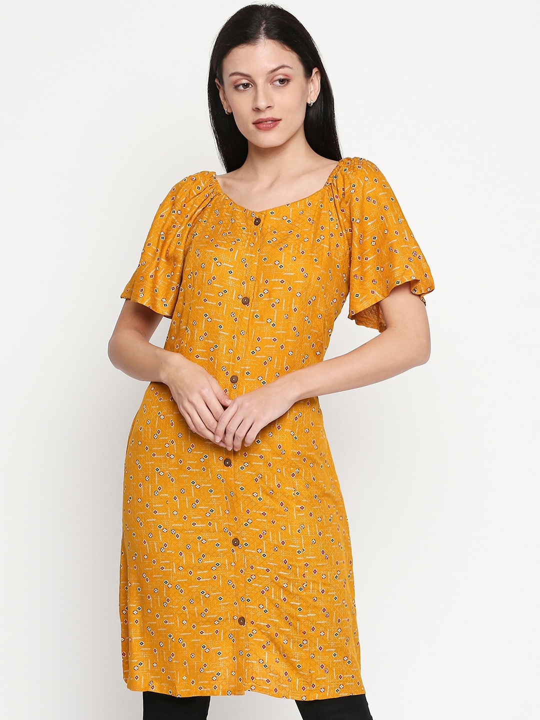 

People Women Mustard Yellow & White Printed Tunic