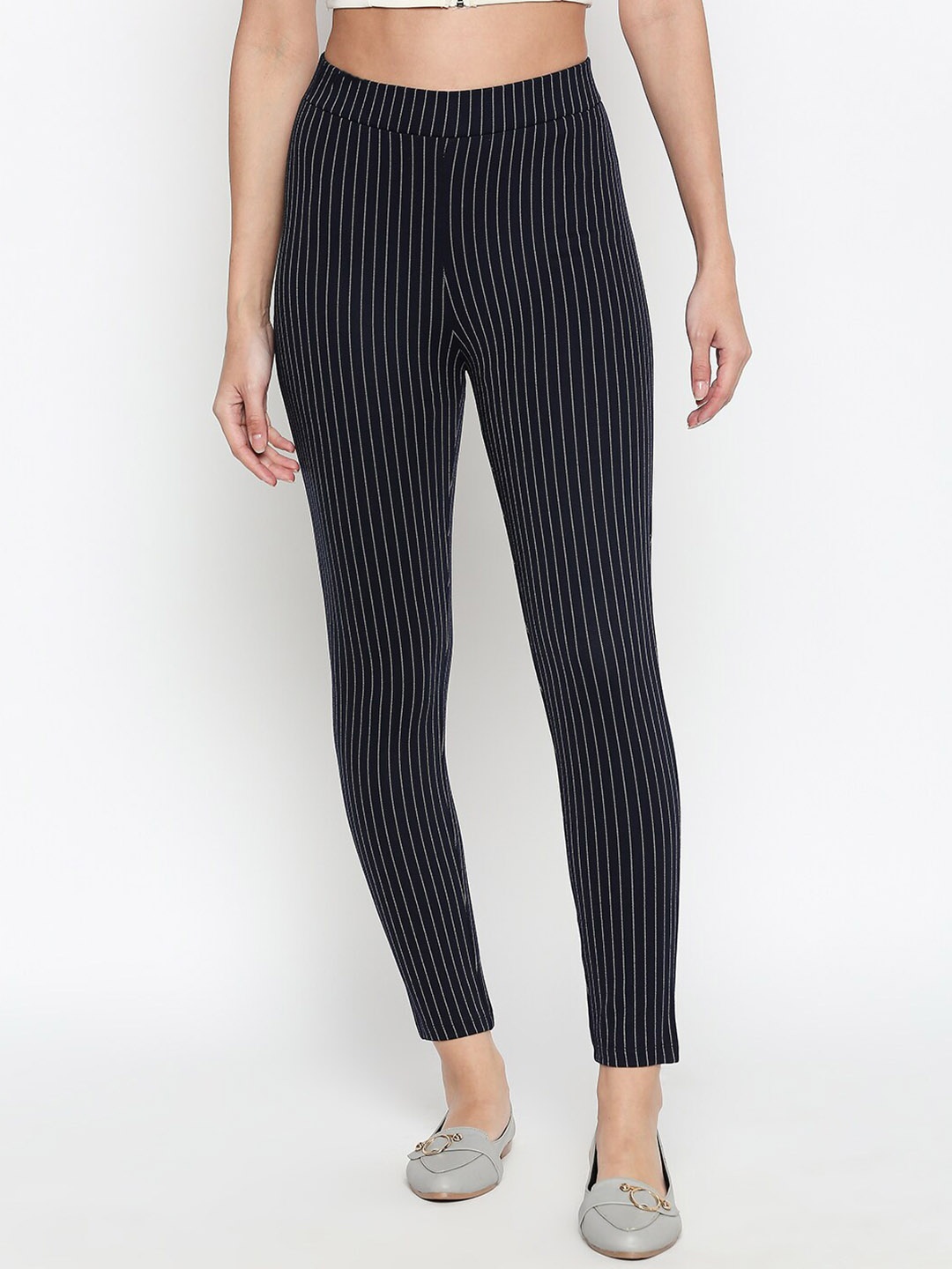 Annabelle by Pantaloons Women Navy Blue & White Striped Skinny-Fit Treggings