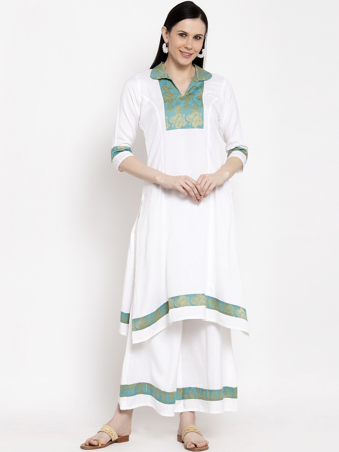 

DUGRI BE THE ONE Women White Solid Kurta with Palazzos and Zari Ornamentation
