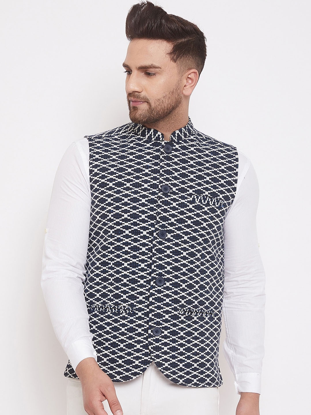 

even Men Navy Blue & White Woven Design Nehru Jacket