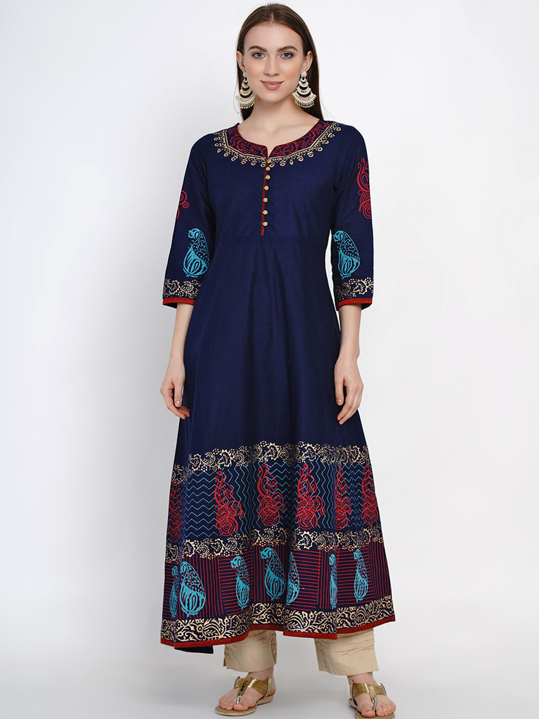 

Akshatani Women Navy Blue Handblock Printed Anarkali Kurta