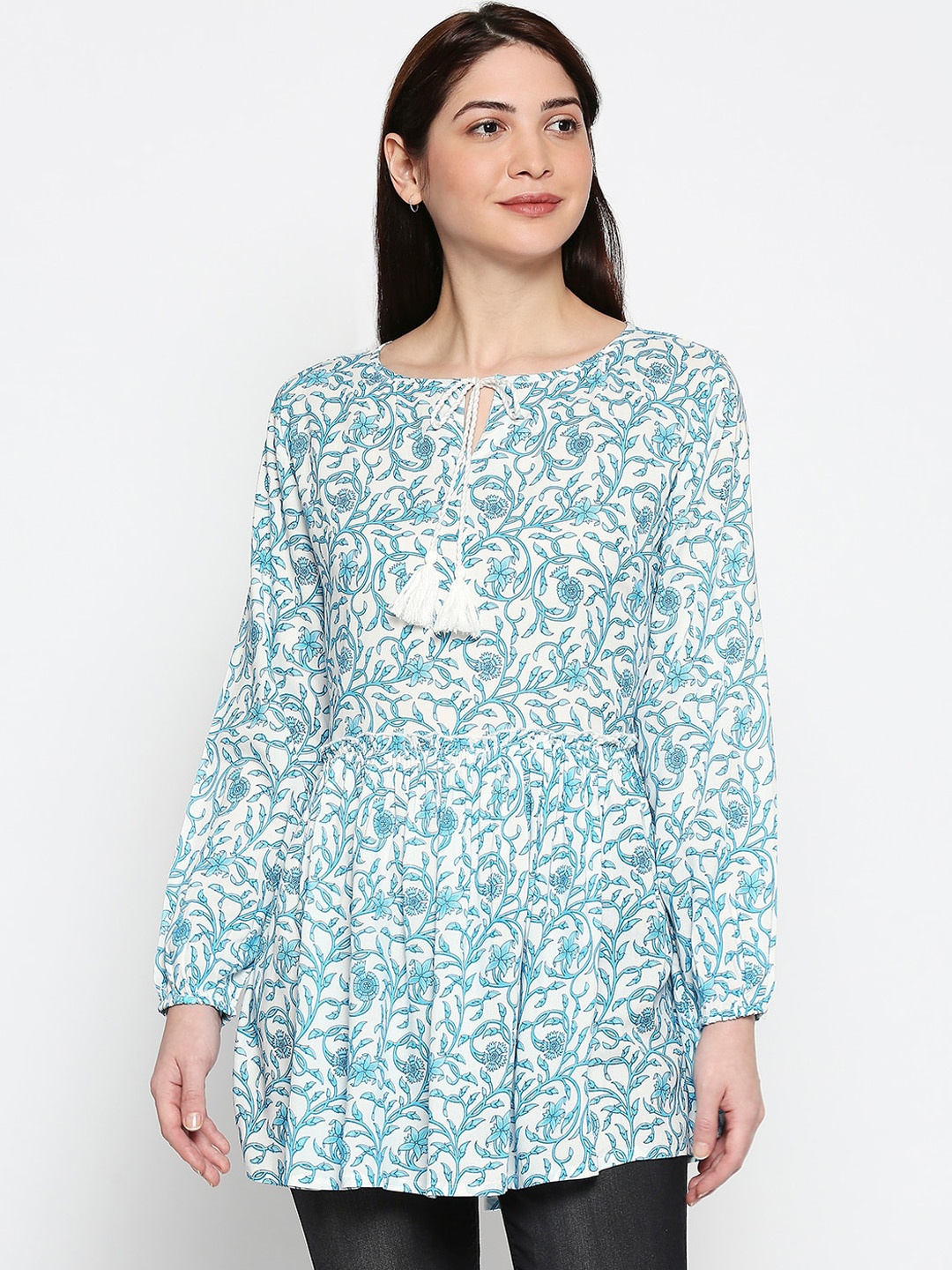 

People Women Off-White & Blue Printed Tunic