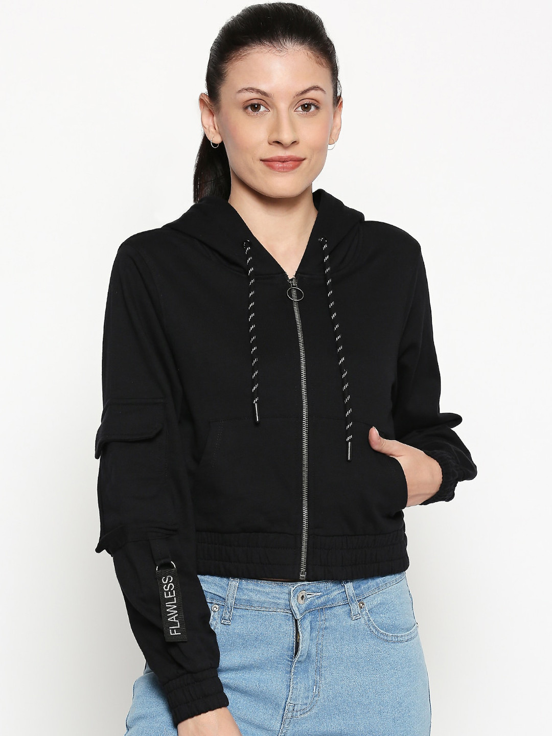

People Women Black Solid Cotton Hooded Sweatshirt