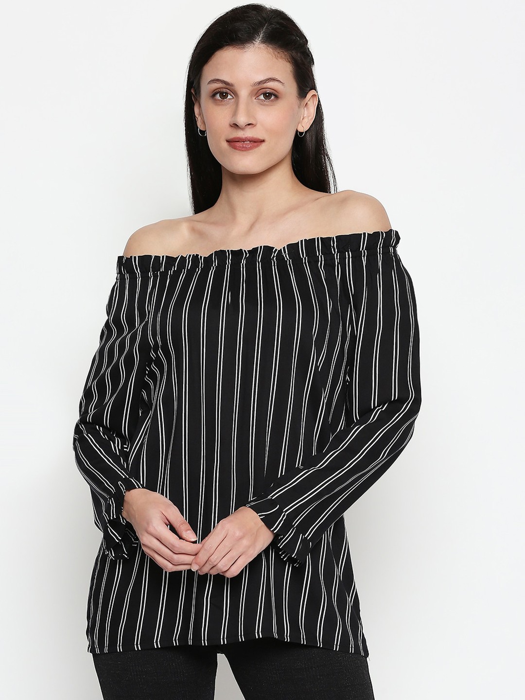 

Honey by Pantaloons Women Black Striped Bardot Top