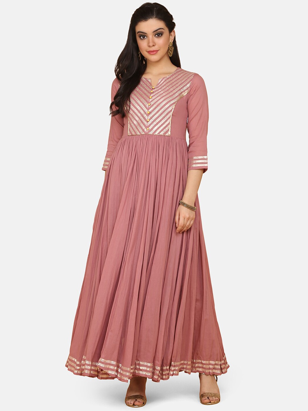 

Saanjh Women Pink Striped Anarkali Kurta
