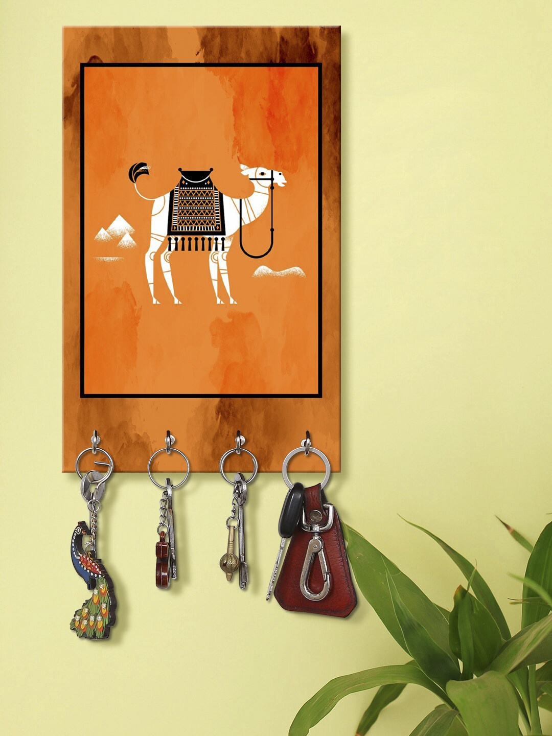

999Store Orange & White Decorative Camel Wall Mount Wooden Keyholder