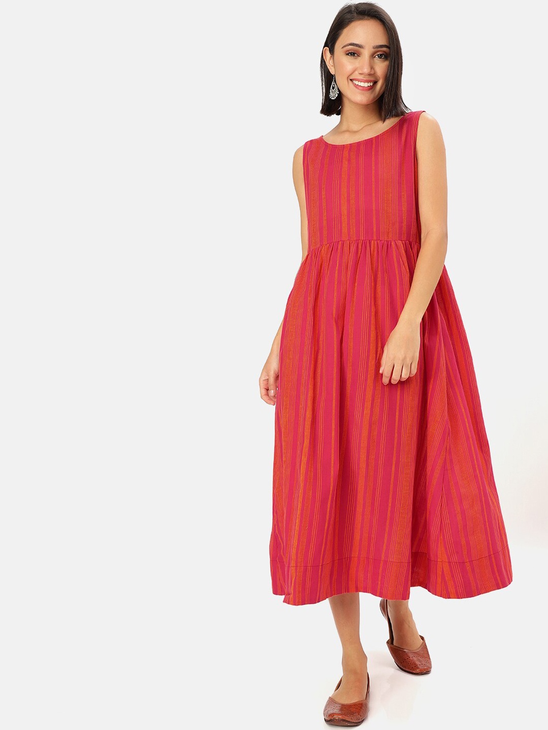 

Saaki Women Red & Orange Striped Fit and Flare Dress