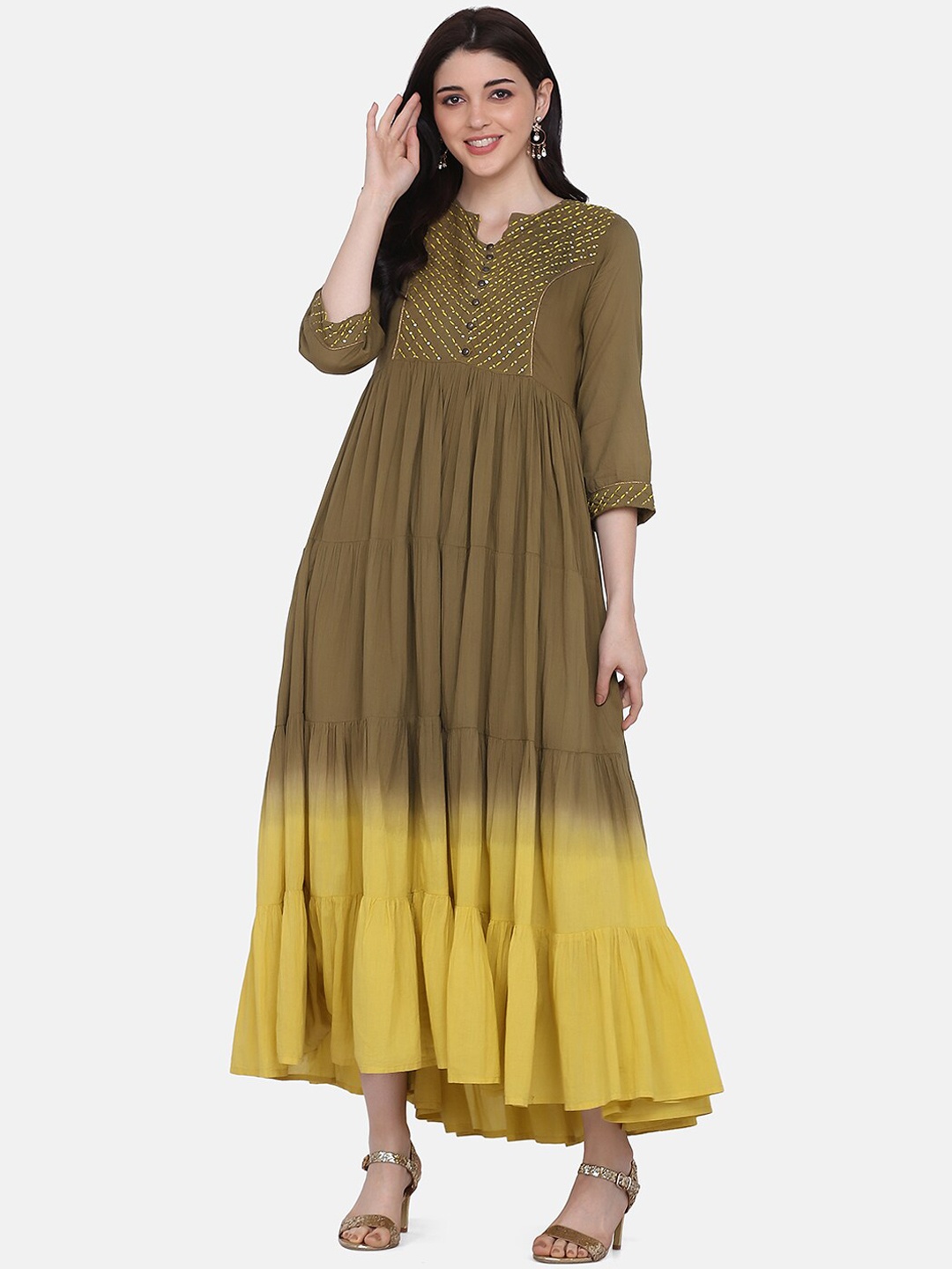 

Saanjh Women Olive Green & Yellow Embellished Anarkali Kurta