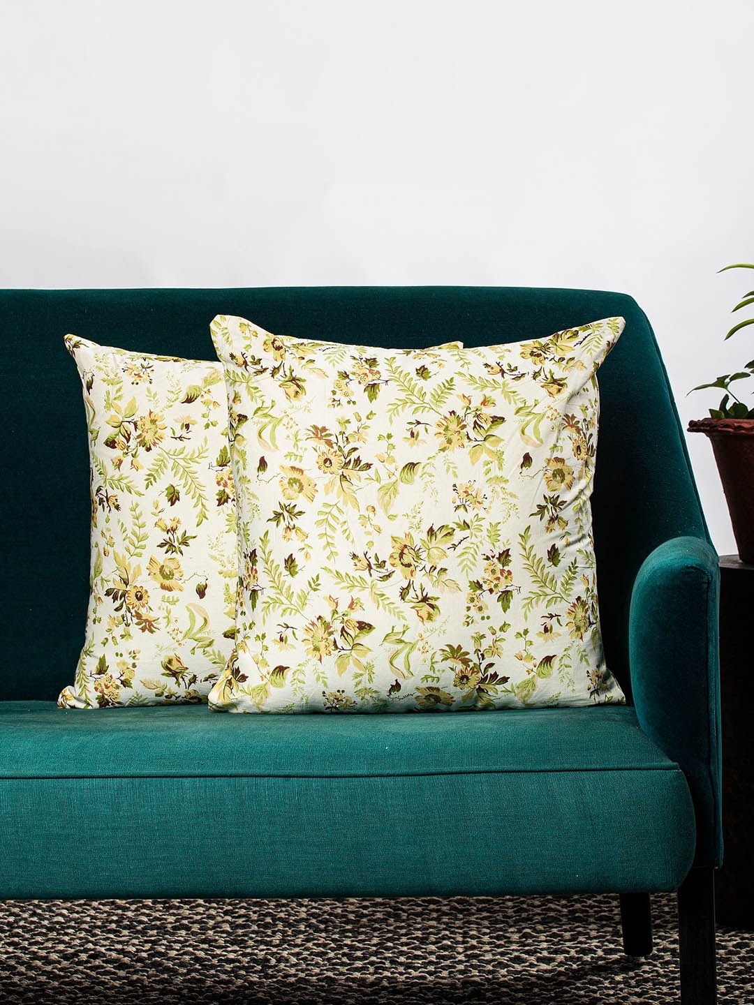 

Contrast Living Set Of 2 Cream-Coloured & Green Floral Printed Square Cushion Covers