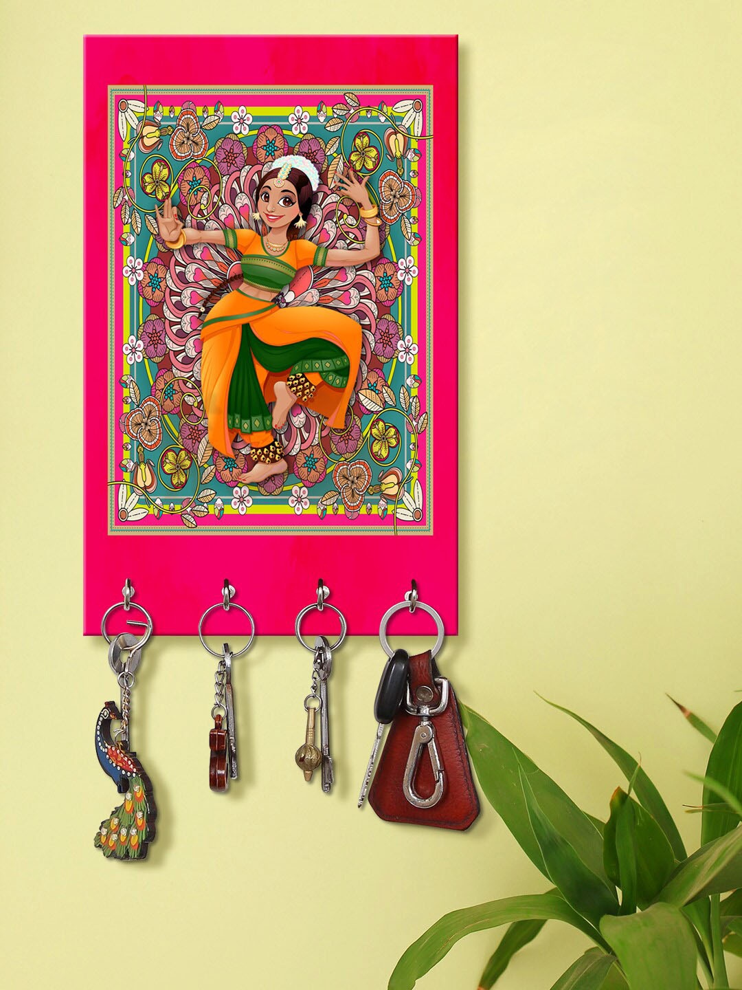

999Store Pink & Orange Indian Dancing Woman Printed Wall Hanging Key Holder