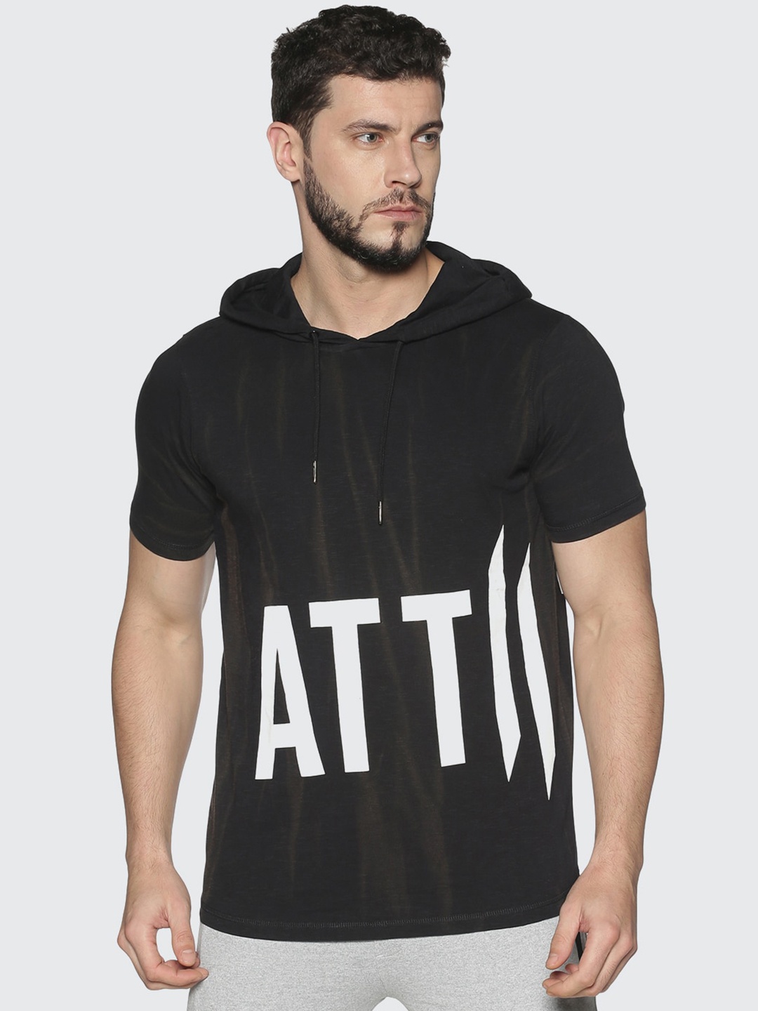 

ATTIITUDE Men Black Slim Fit Printed Hood T-shirt