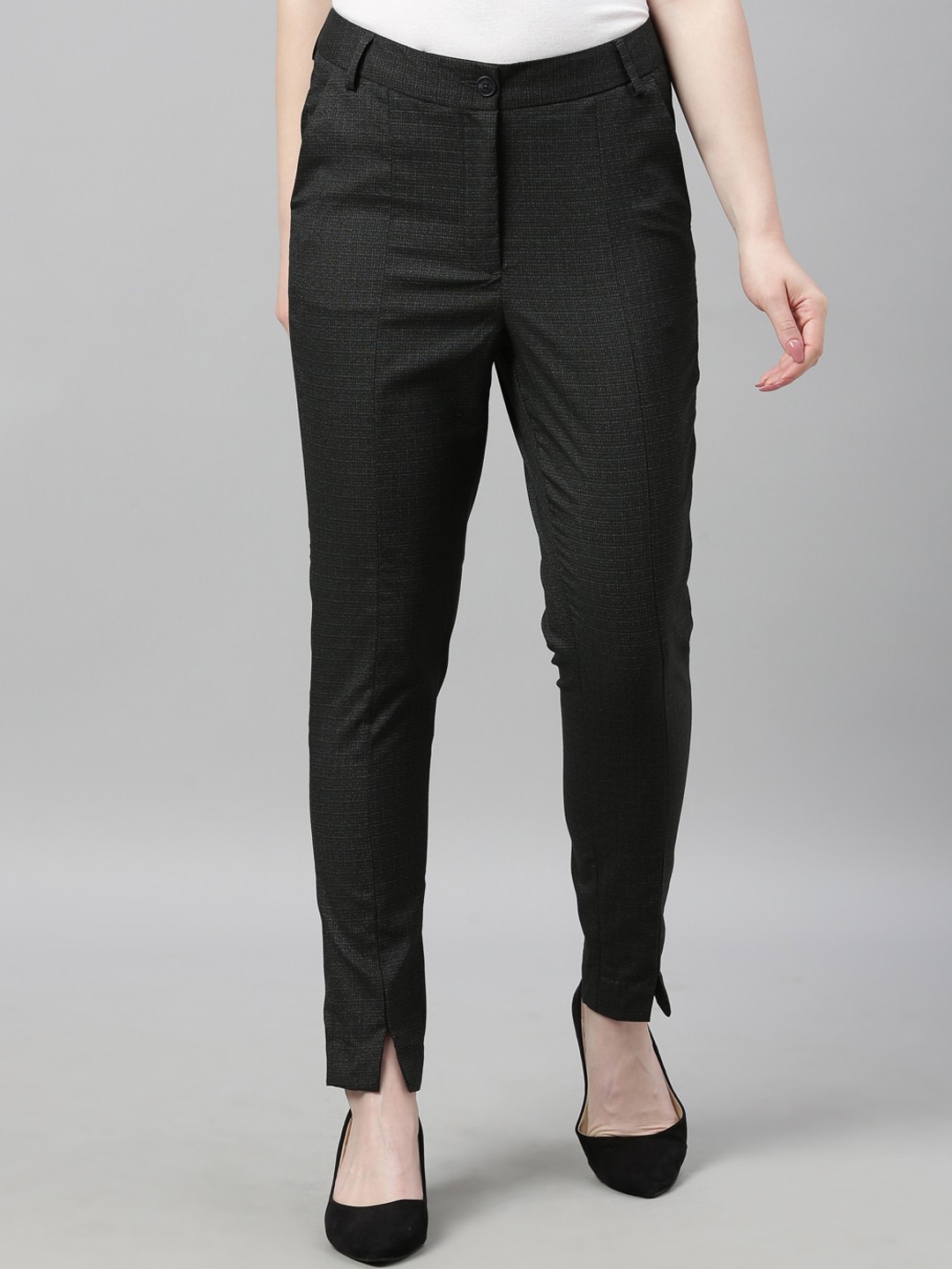 

Park Avenue Woman Black Tapered Fit Self Design Formal Trousers