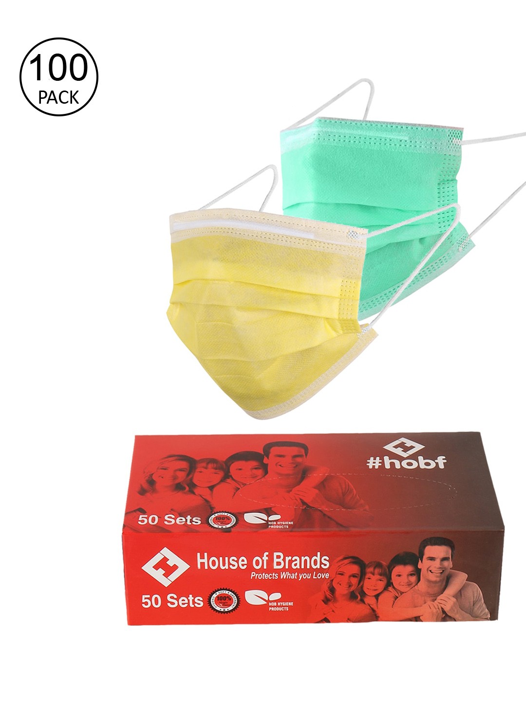 

LONDON FASHION hob Pack Of 100 Green & Yellow 3-Ply Anti-Pollution Ultrasonic Surgical Masks with Nose Pin