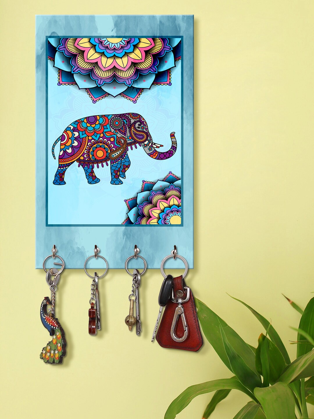 999Store Blue & Purple Decorative Mandala Elephant Wall Mount Wooden Keyholder