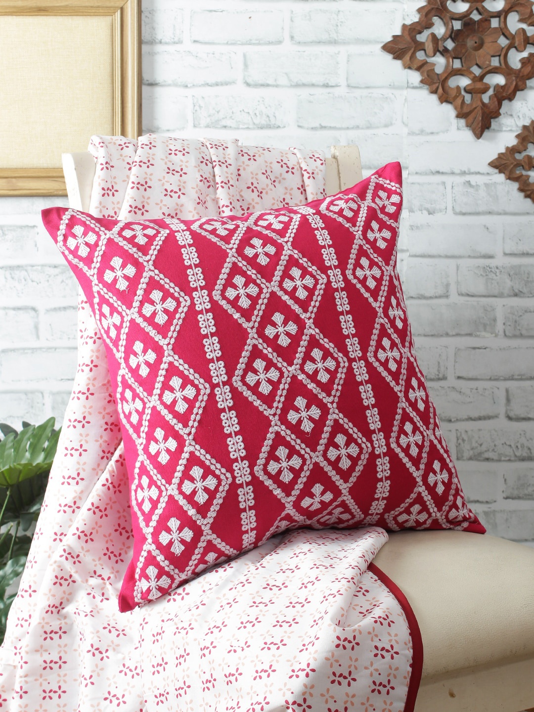 

REME Pink & White Organic Cotton Embroidered Square Cushion Cover