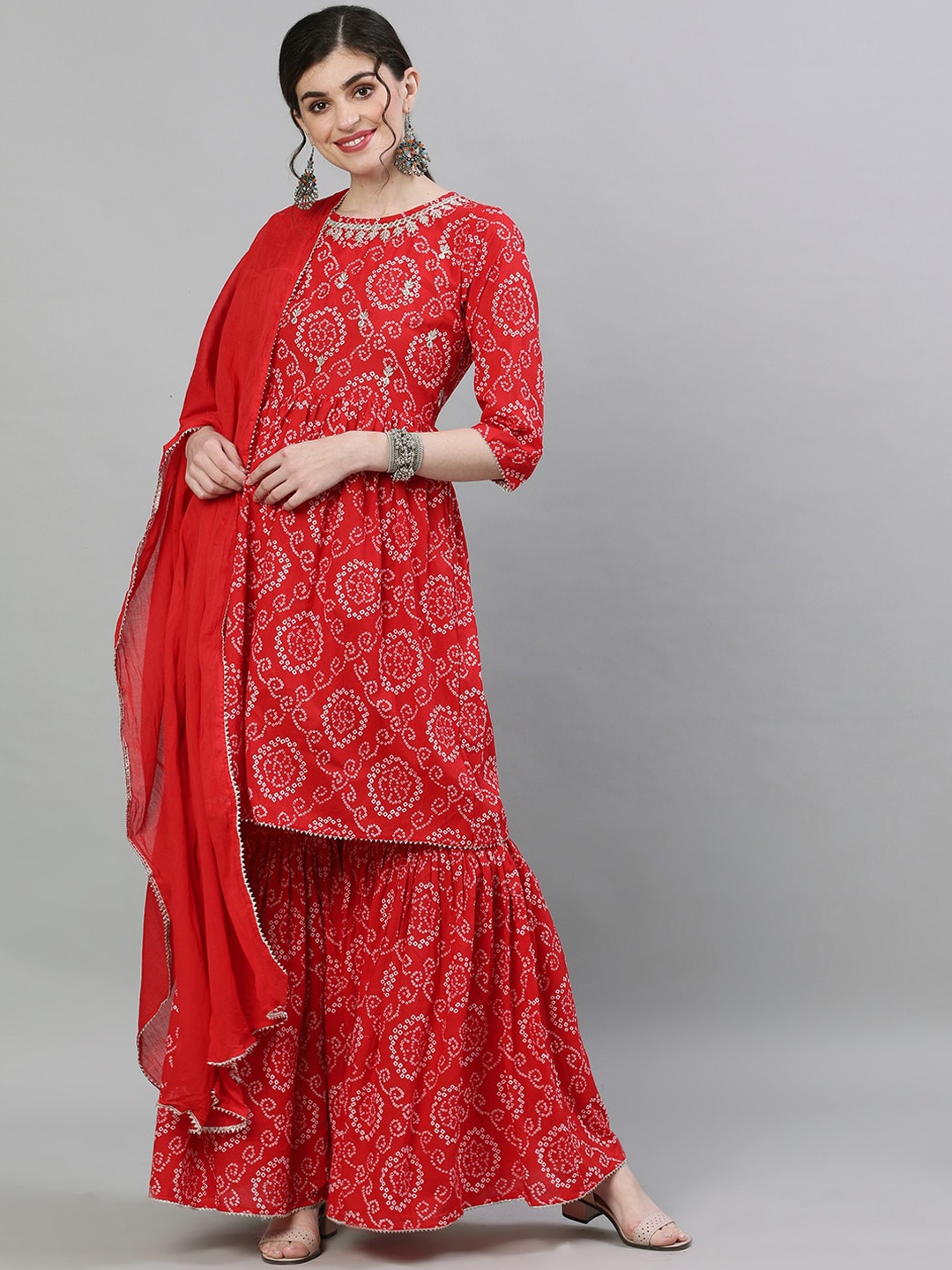 Ishin Women Red & White Printed Kurta with Sharara & Dupatta