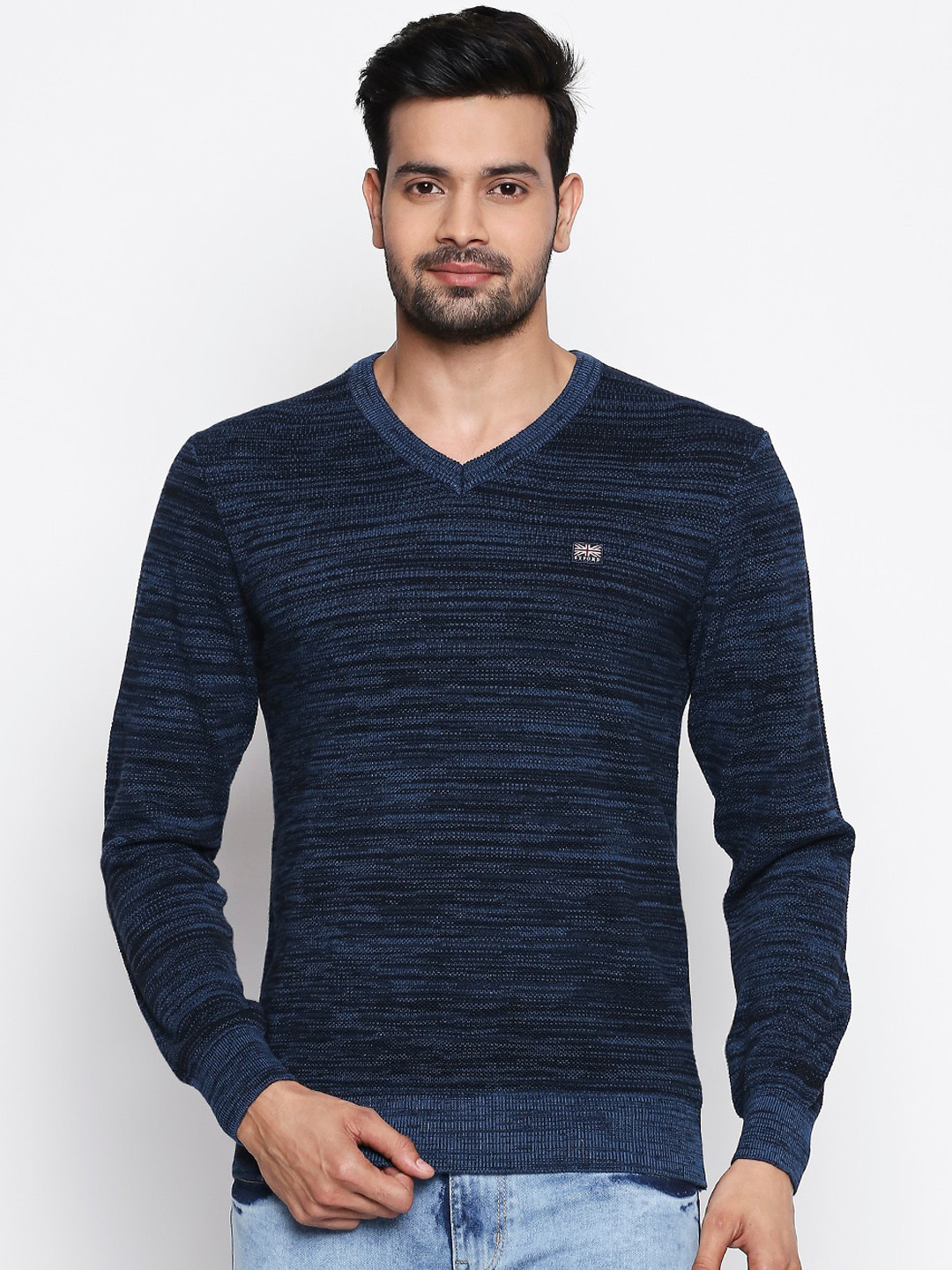 

BYFORD by Pantaloons Men Navy Blue Solid Pullover Sweater