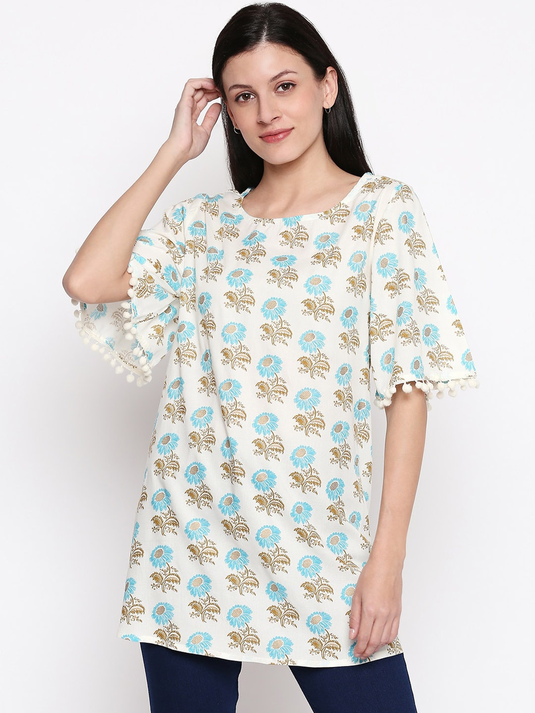 

People Women Off White & Turquoise Blue Floral Printed Tunic