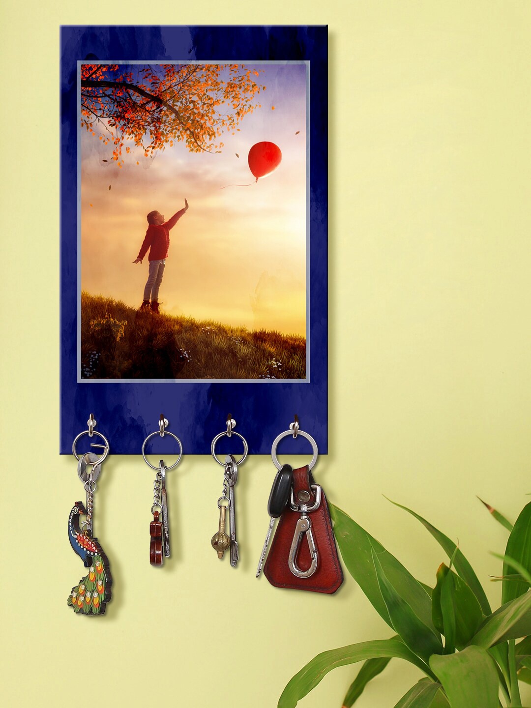 999Store Blue & Yellow Children To Fly Air Balloon Pattern Wooden Keyholder