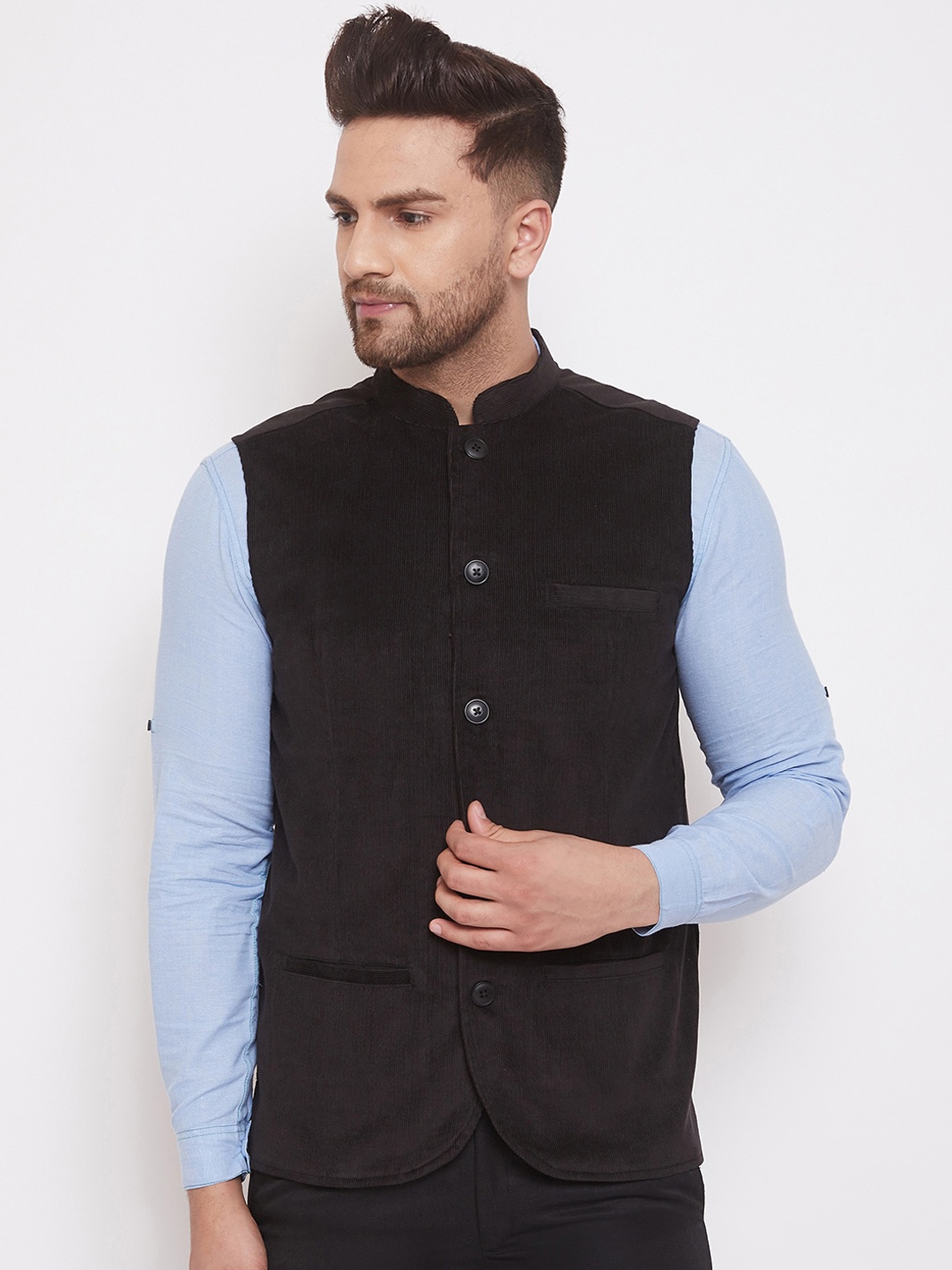 even Men Black Woven Design Nehru Jacket