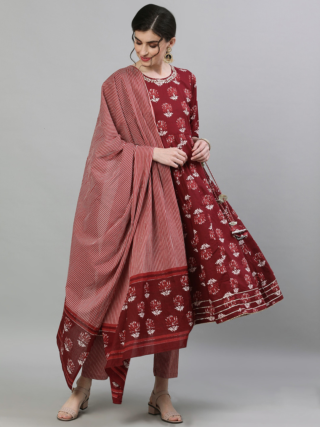 

Ishin Ishin Women Maroon & White Printed Anarkali Kurta with Trousers & Dupatta