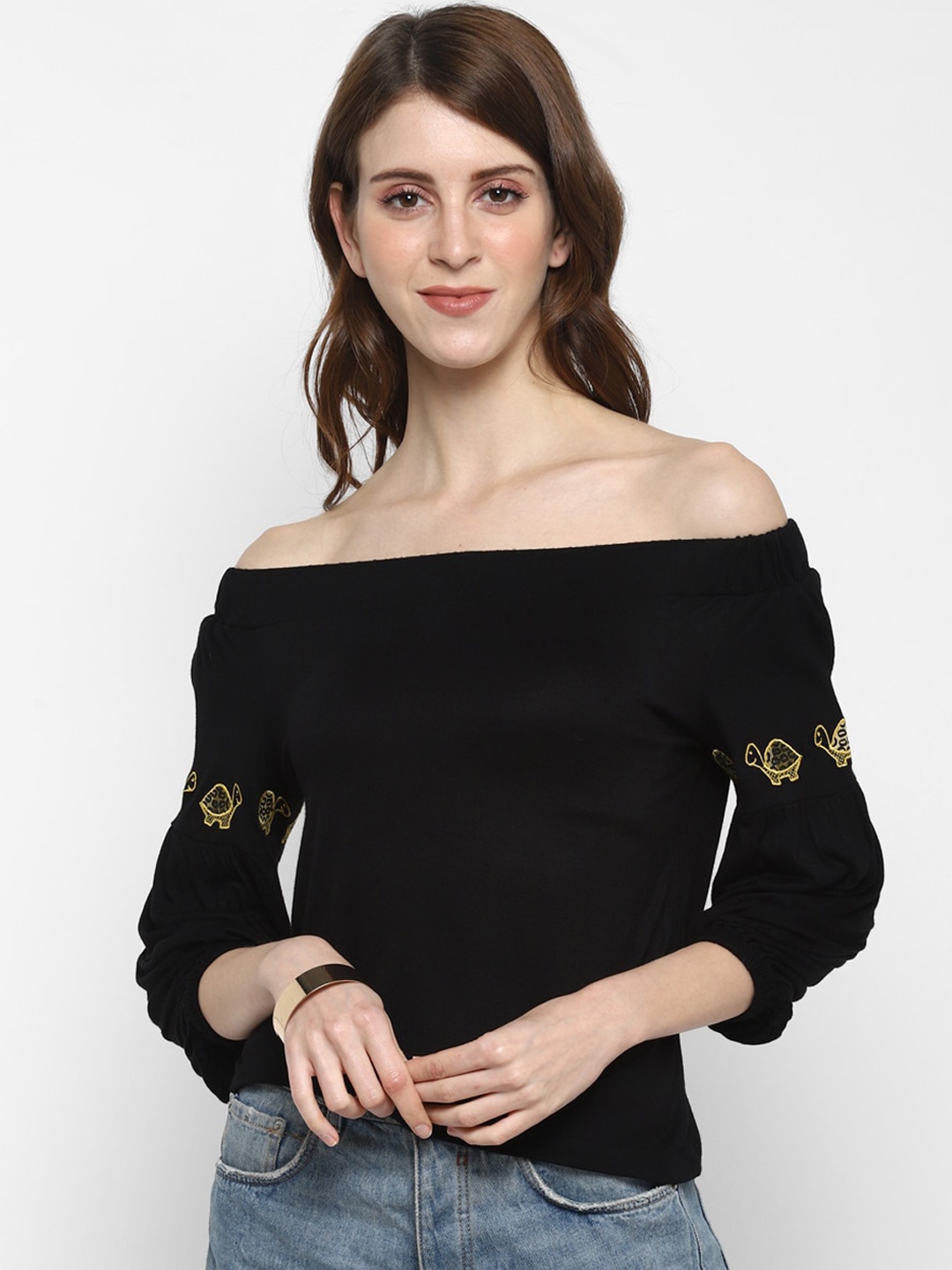 

Taurus Women Black Solid Bardot Top