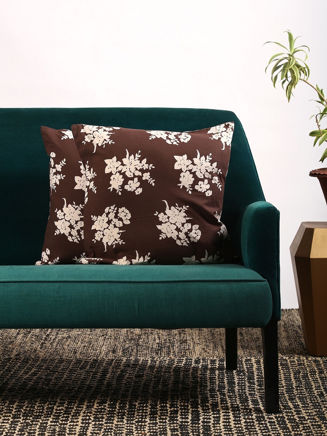 Contrast Living Set Of 2 Brown & Off-White Floral Printed Square Cushion Covers