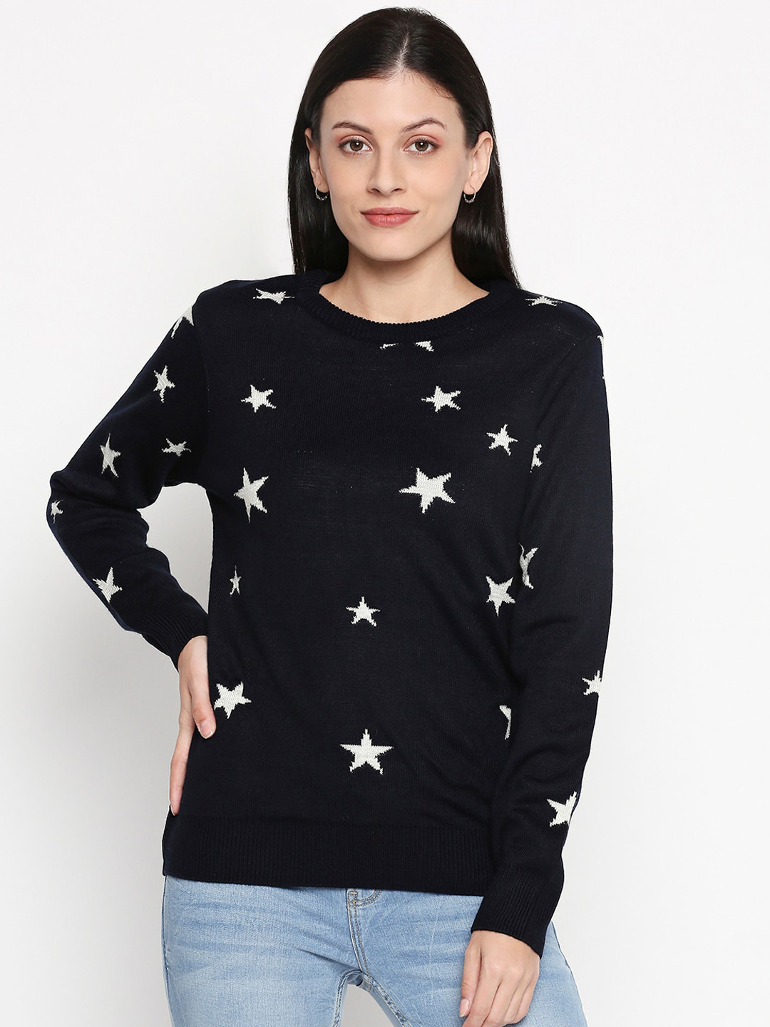 

Honey by Pantaloons Women Navy Blue & White Printed Pullover Sweater
