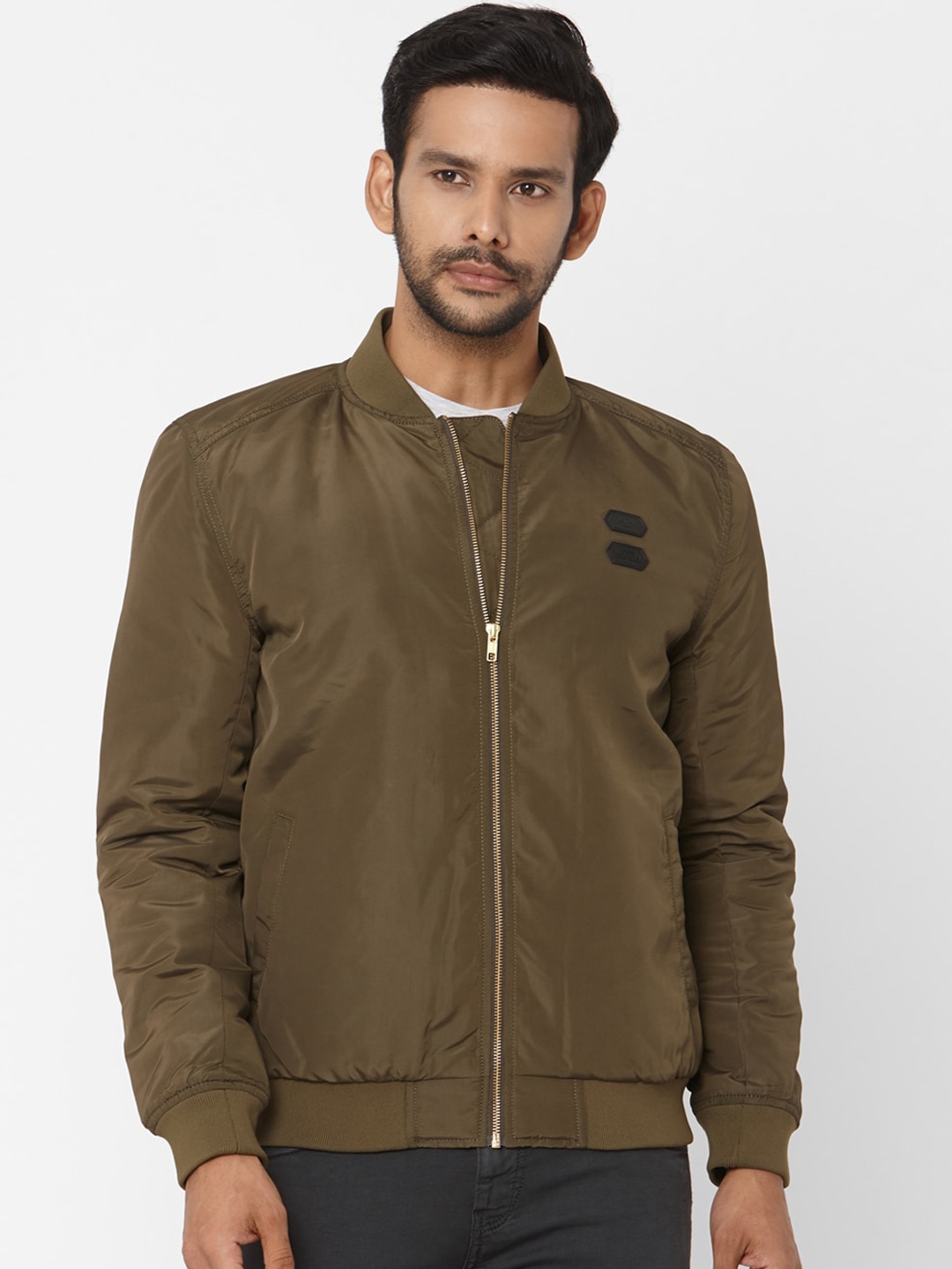 

Mufti Men Olive Brown Solid Bomber Jacket