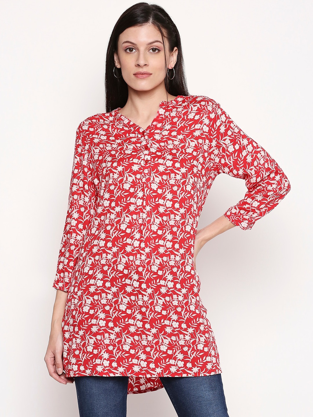 

People Women Coral Red & White Floral Printed Tunic