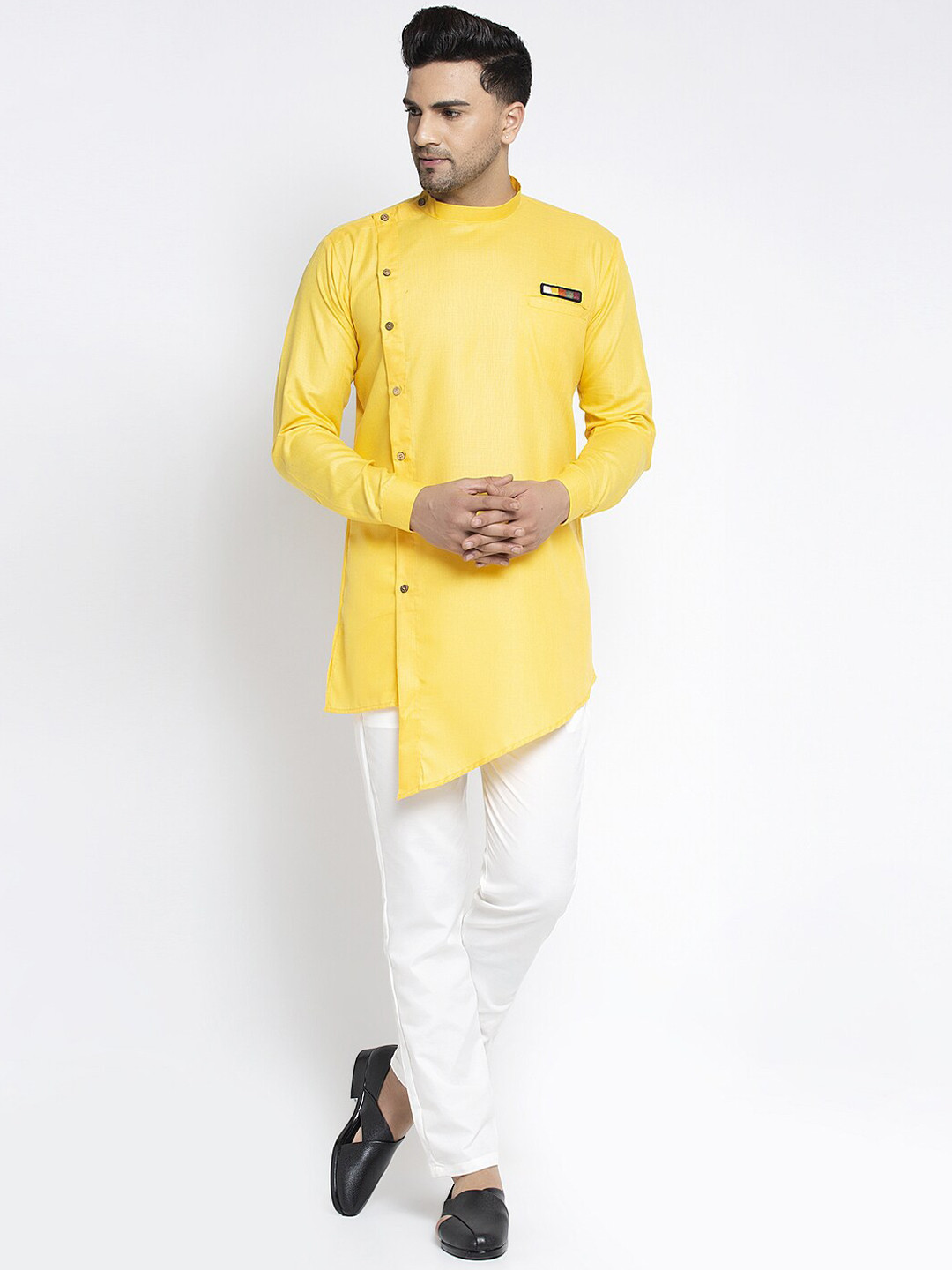 

Benstoke Men Yellow & White Solid Angrakha Kurta with Trousers