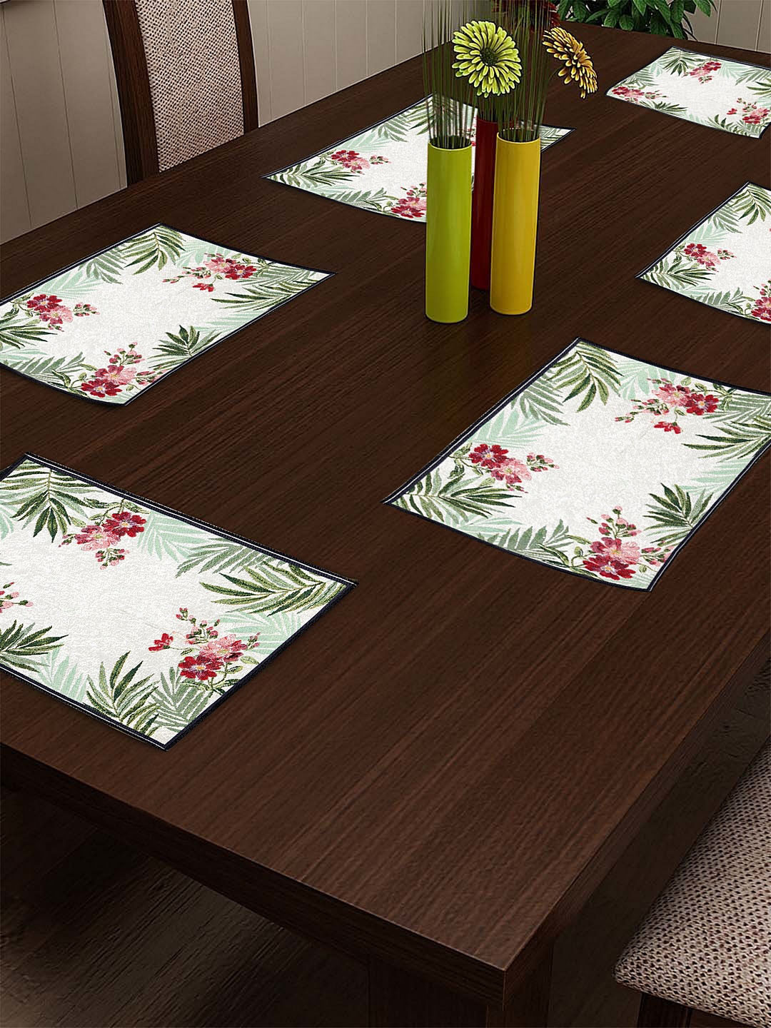 

KLOTTHE Set Of 6 White & Green Floral Woven Dining Table Mats