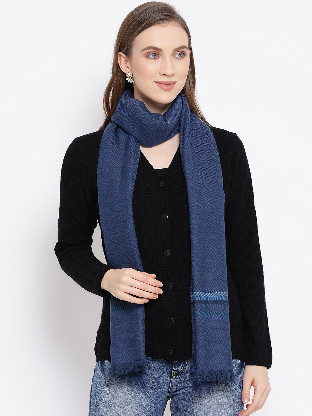SHINGORA Women Blue Woven Design Pure Wool Sustainable Stole