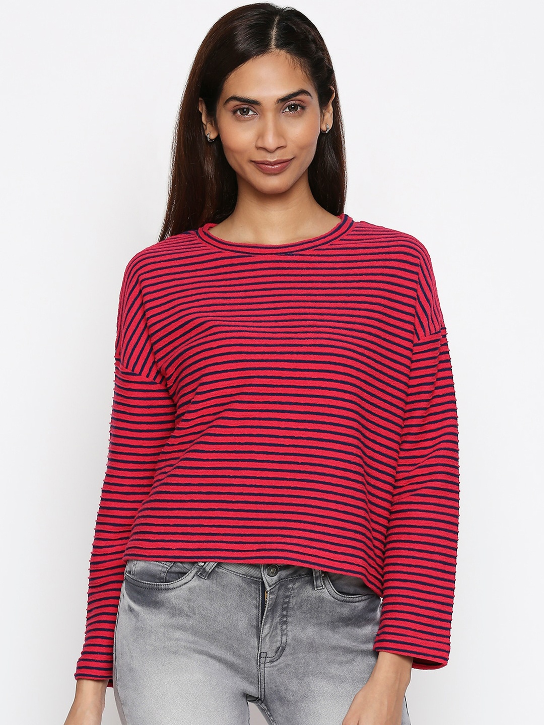 People Women Pink & Blue Striped Cotton Sweatshirt