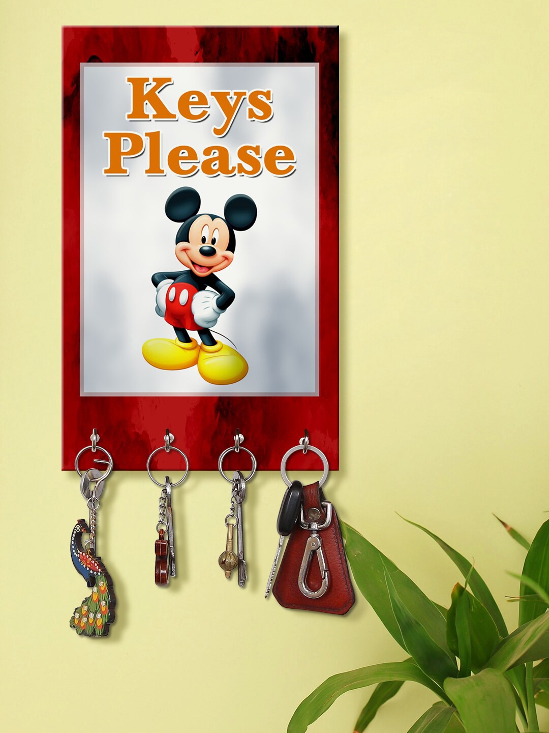 

999Store Red & White Keys Please Printed Key Holder With 4 Hooks