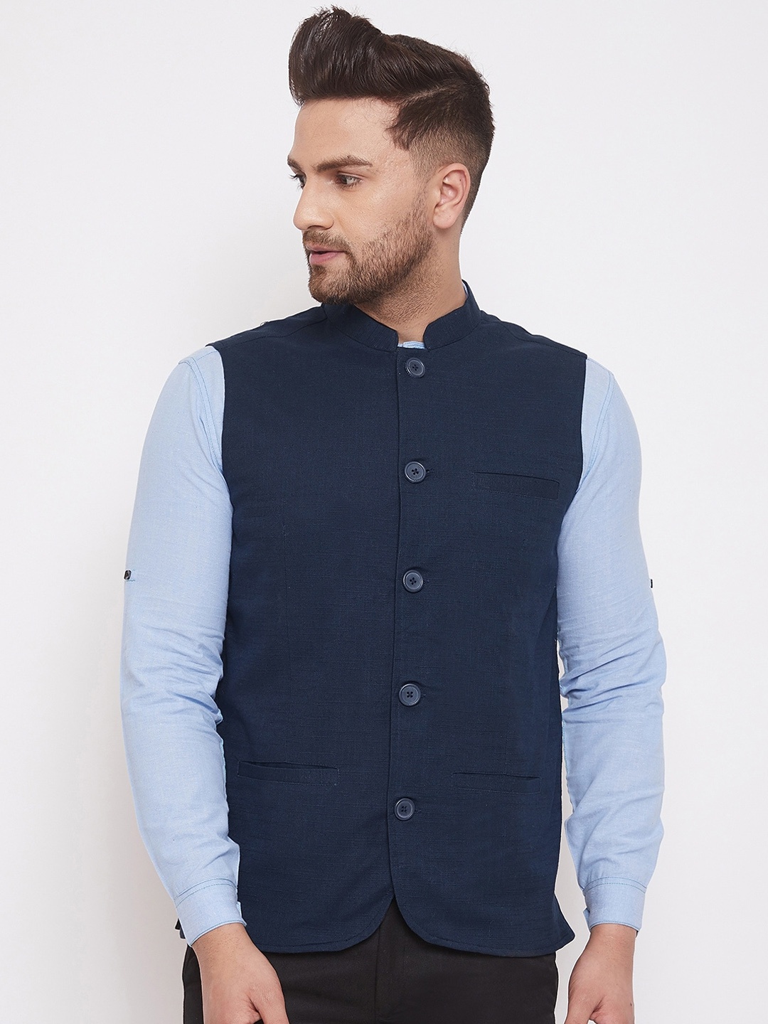 

even Men Navy Blue Solid Woven Nehru Jacket