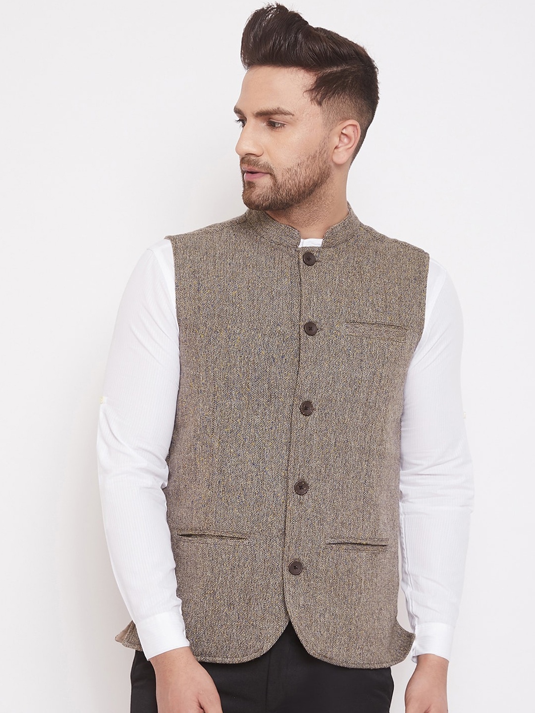 

even Men Beige Woven Design Nehru Jacket