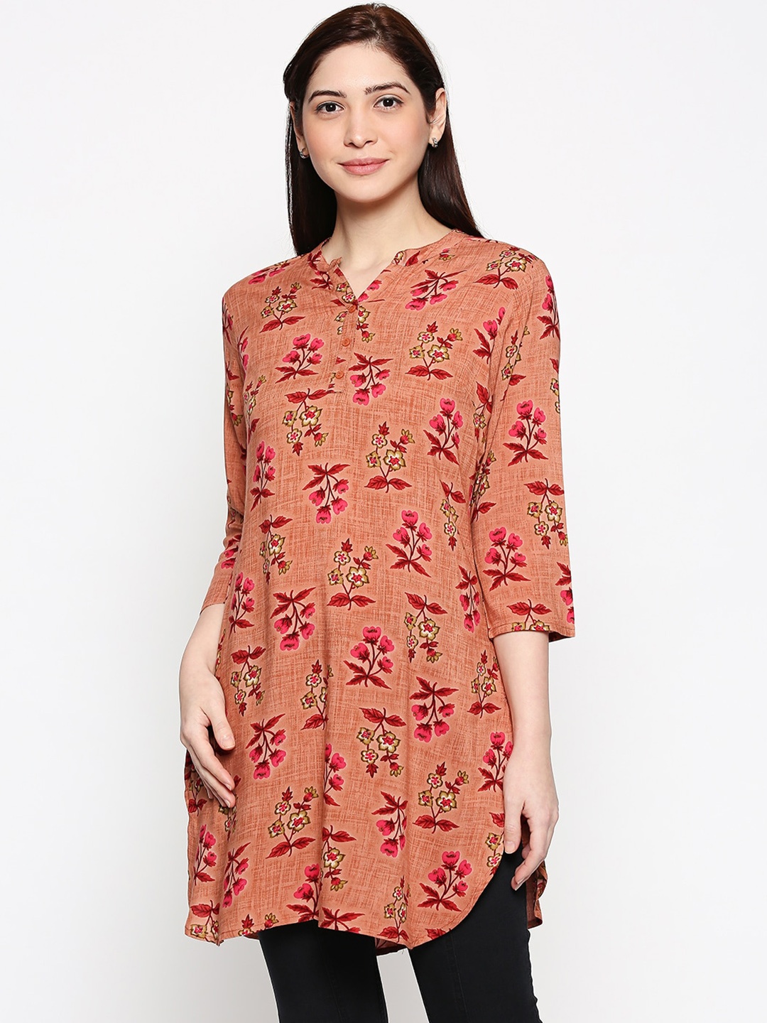 

People Women Pink & Brown Floral Printed Cotton Tunics