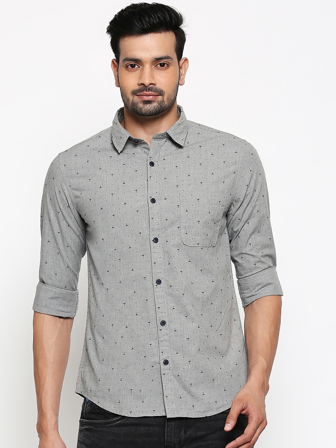 

People Men Grey Slim Fit Printed Casual Shirt