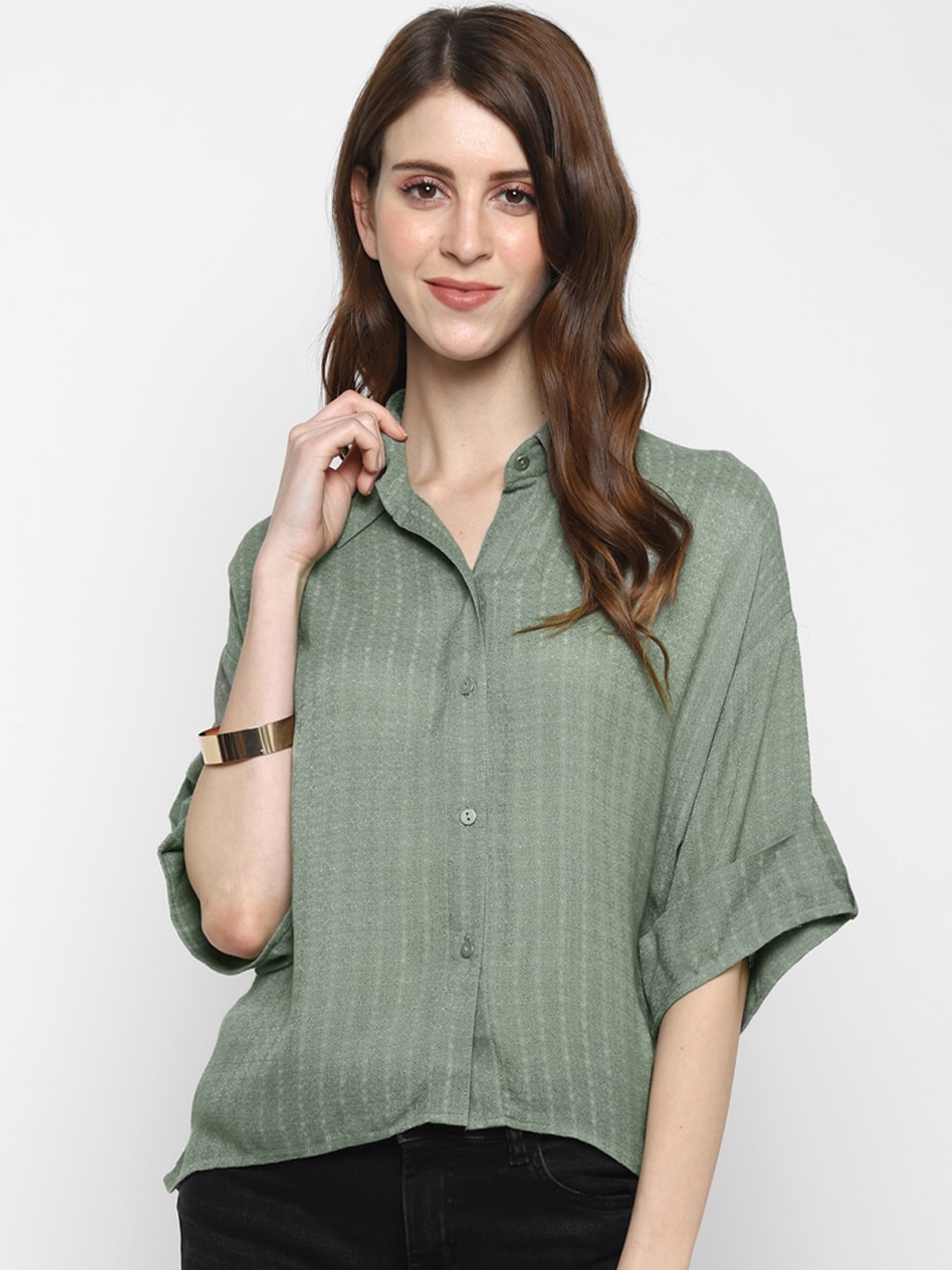 

Taurus Women Olive Green Regular Fit Self Design Casual Shirt