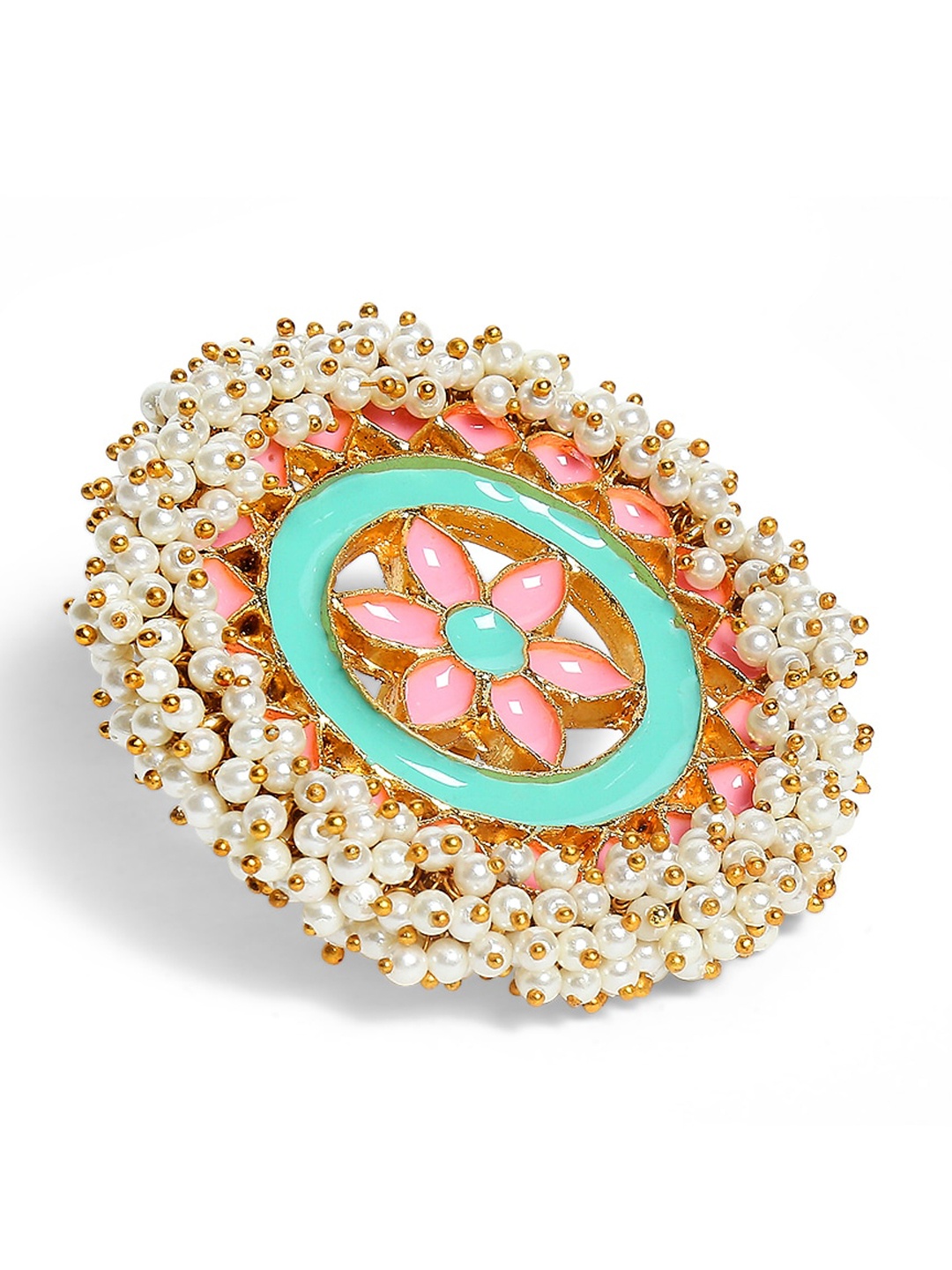 

Mahi Gold-Plated Pink & Sea Green Kundan Studded Meenakari Adjustable Finger Ring