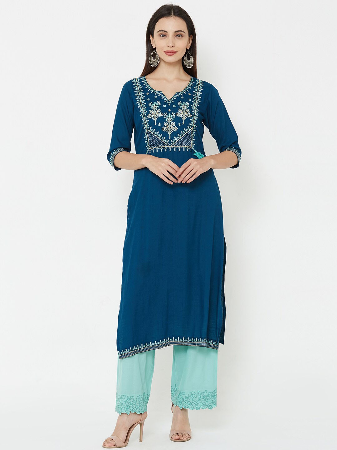 

FASHOR Women Teal Colourblocked Straight Kurta