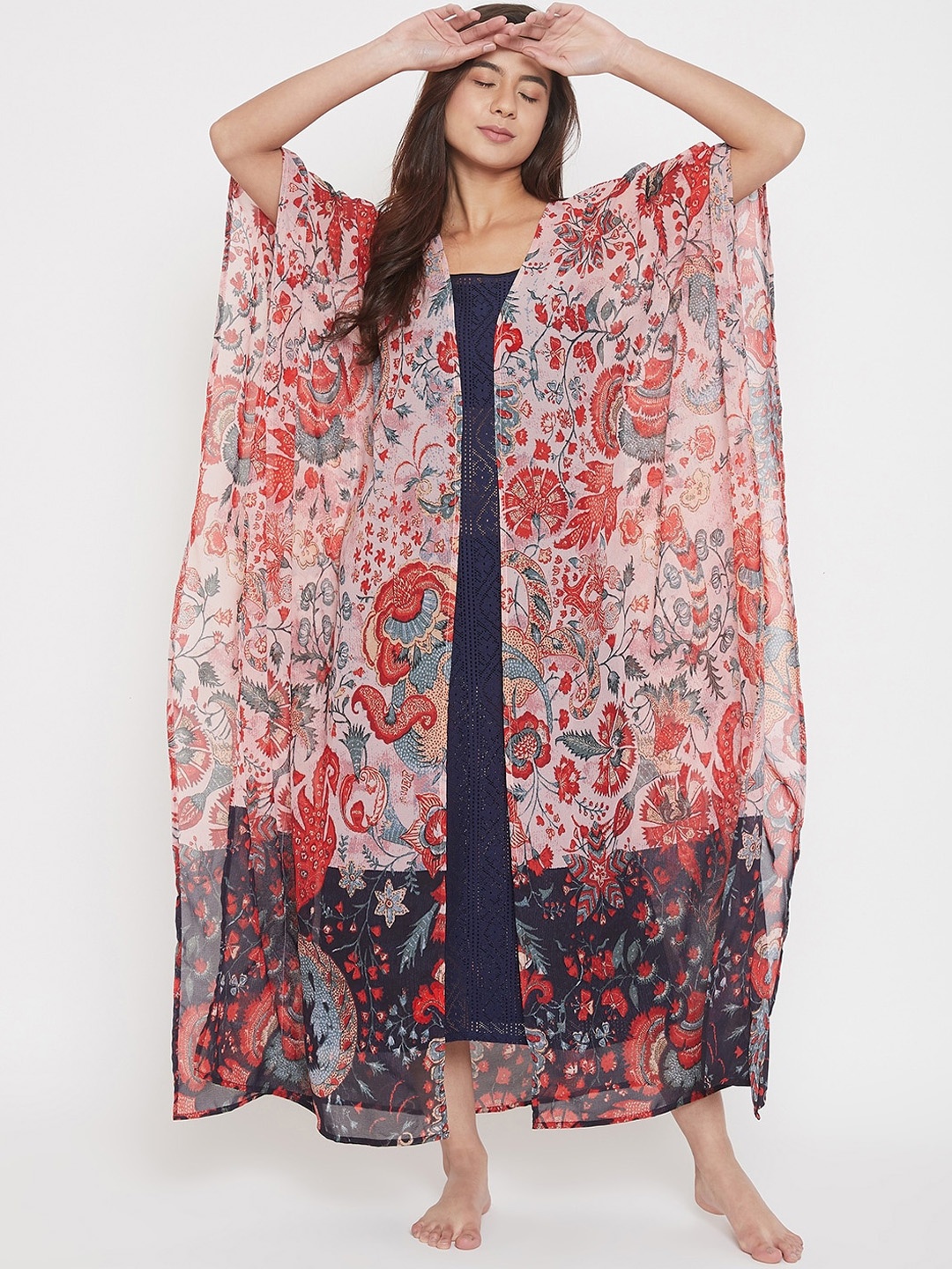 

The Kaftan Company Women Pink & Blue Self Design Nightdress With Printed Robe
