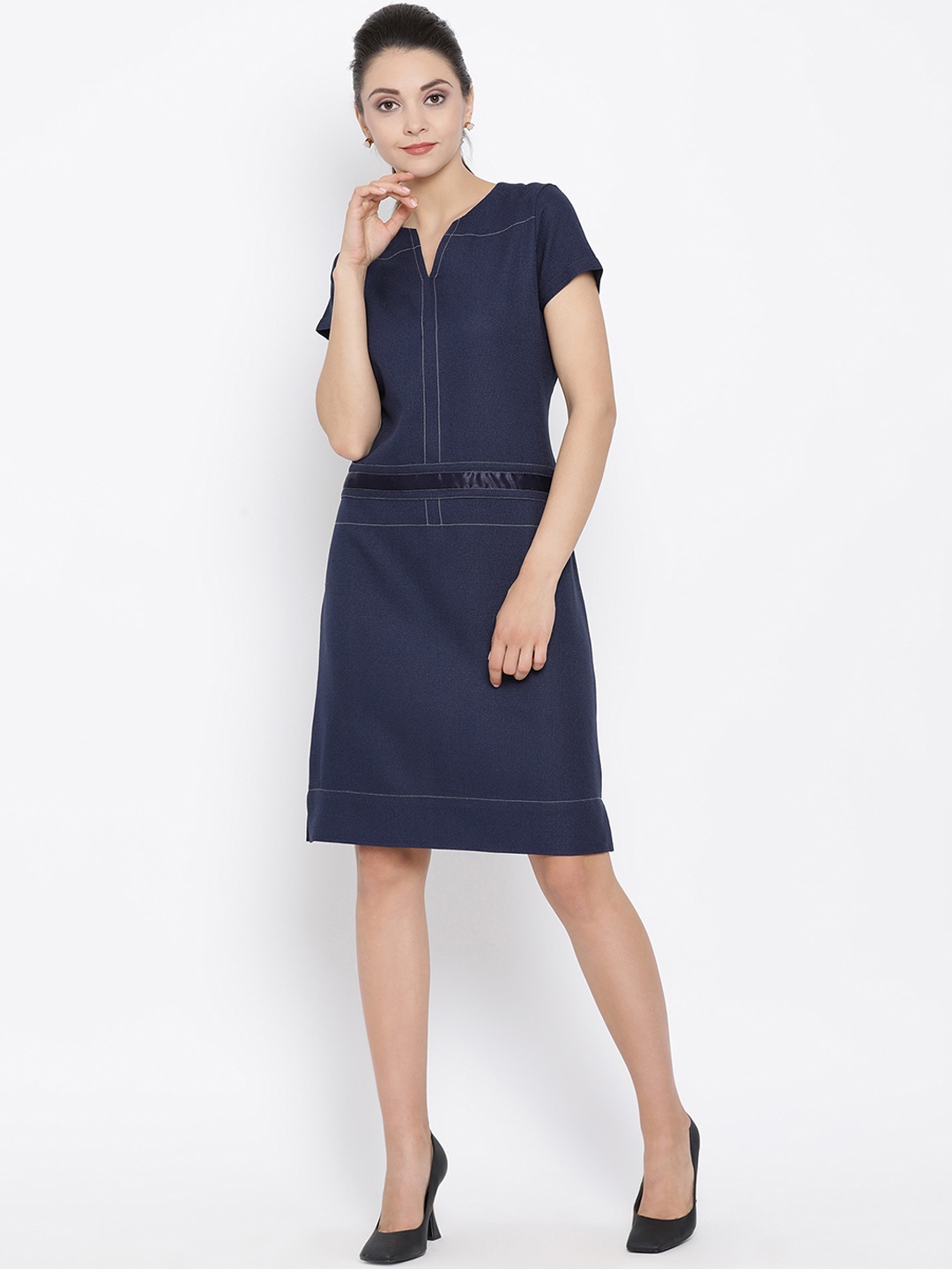 

OFFICE & YOU Women Navy Blue Solid Sheath Dress