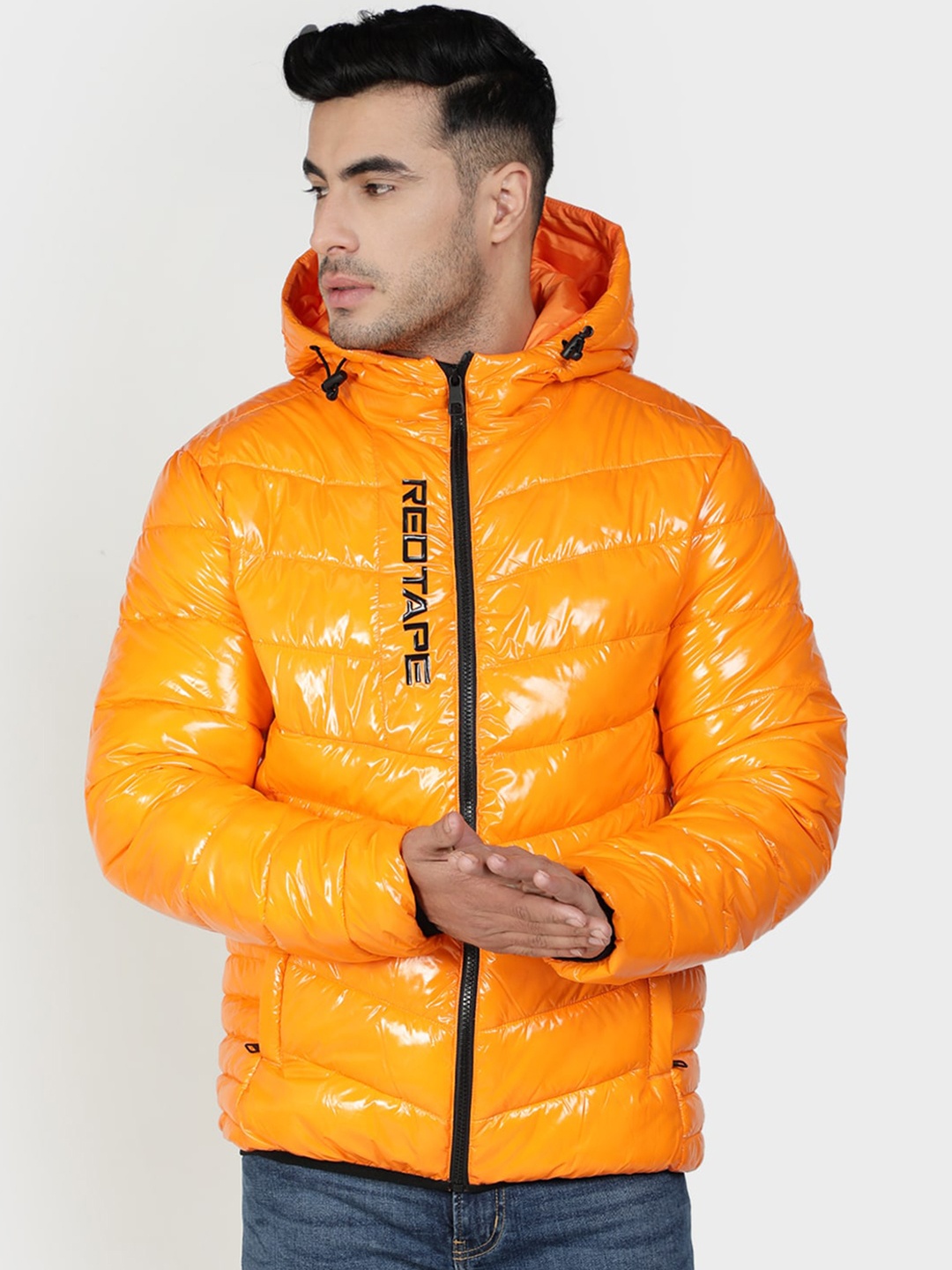 Red Tape Men Orange Printed Puffer Jacket