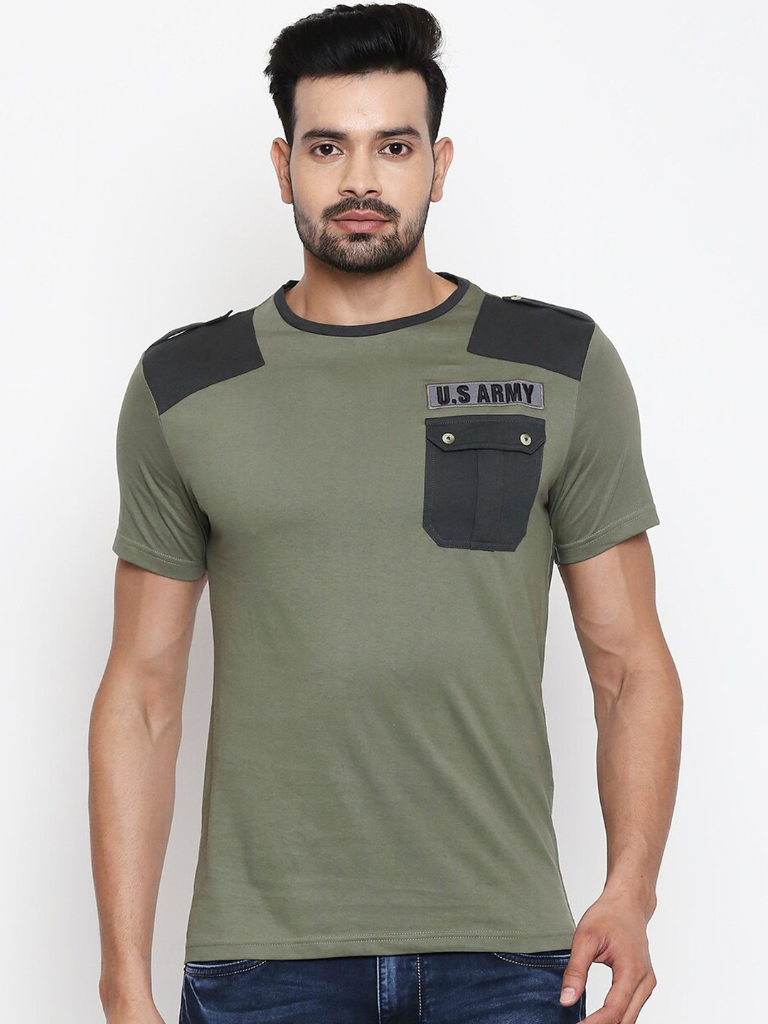 

People Men Olive Green Solid Round Neck Cotton T-shirt