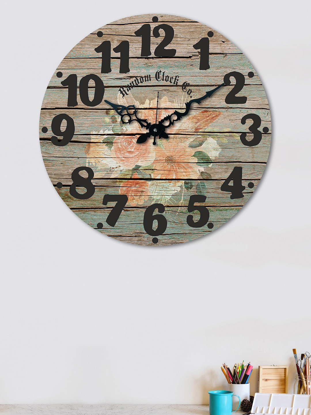 

RANDOM Green & Brown Rustic Rose Wooden Analogue Wall Clock
