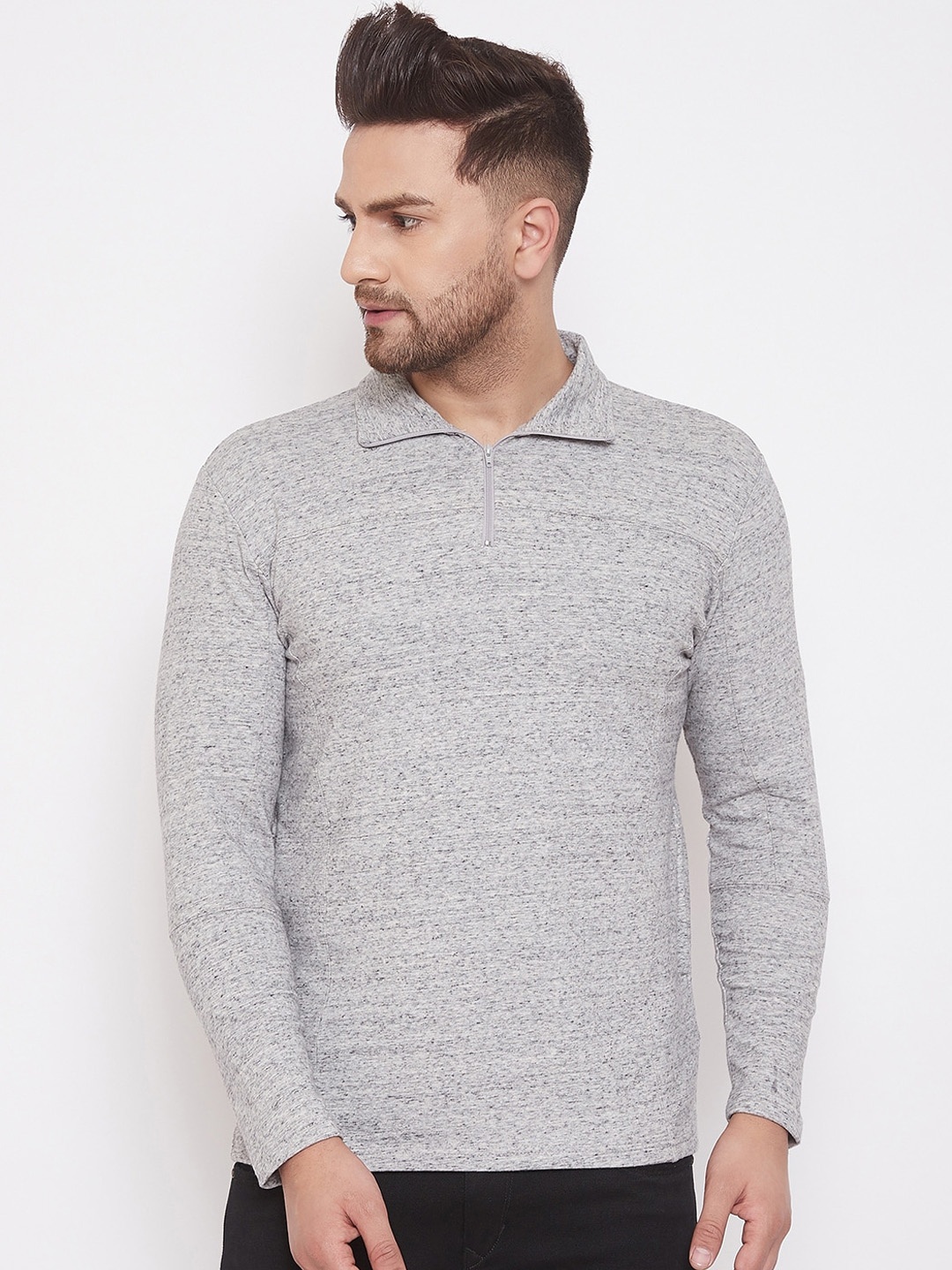 

Hypernation Men Grey Melange Self Design High Neck T-shirt